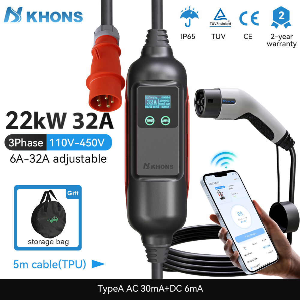 Portable Ev Charger 32A Type 2 Cee Plug - Khons Portable EV Charger Type2 32A