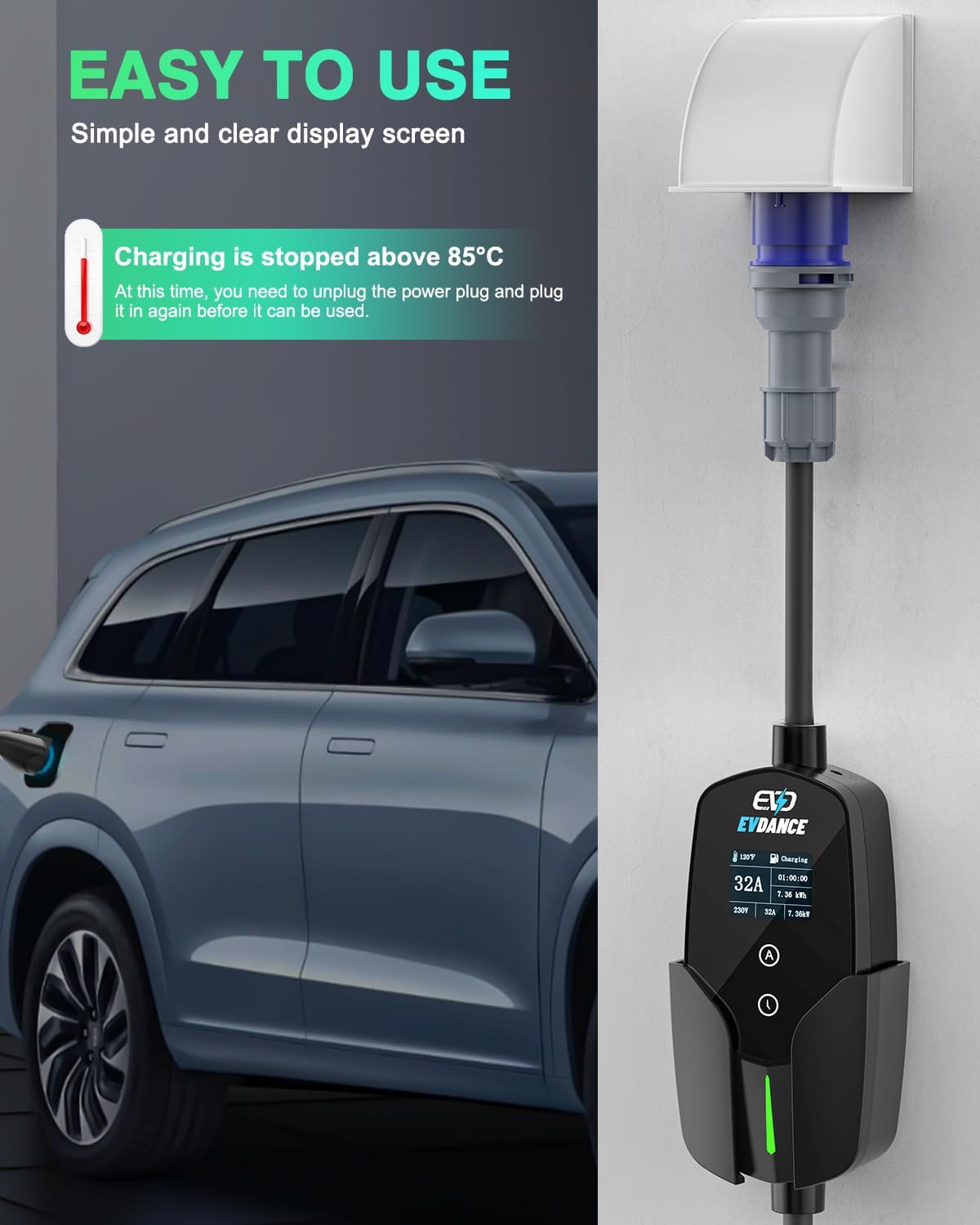 EVDANCE 32A Type 2 EV Charger  - Portable Ev Charger 32A Type 2 Cee Plug 评论和价格