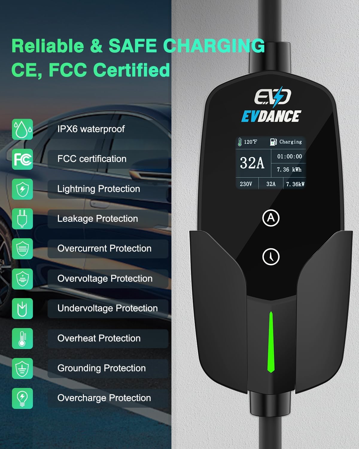EVDANCE 32A Type 2 EV Charger  - Portable Ev Charger 32A Type 2 Cee Plug 评论和价格
