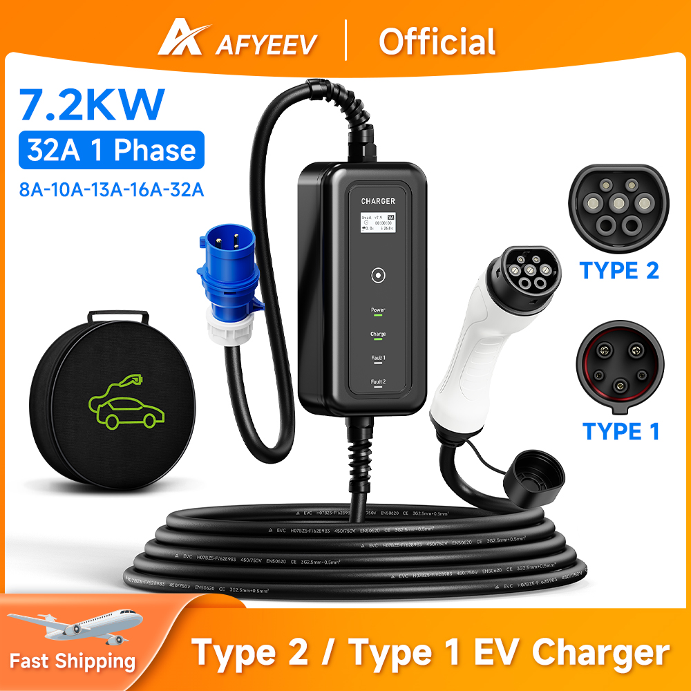 AFYEEV Portable EV Charger Wal - Portable Ev Charger 32A Type 2 Cee Plug 评论和价格